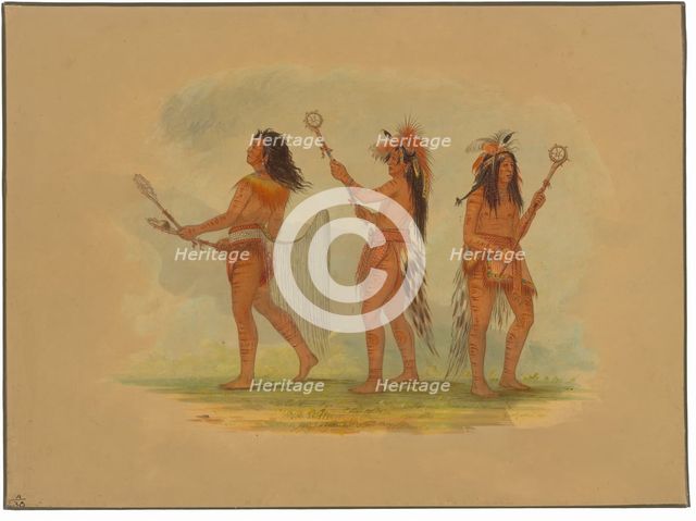 Three Celebrated Ball Players - Choctaw, Sioux and Ojibbeway, 1861. Creator: George Catlin.