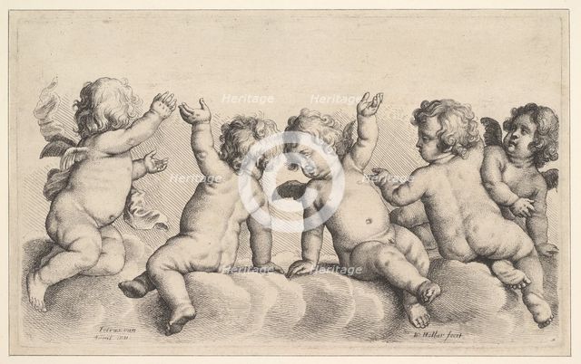 Three Cherubs and Two Boys on Clouds, 1620-77. Creator: Wenceslaus Hollar.