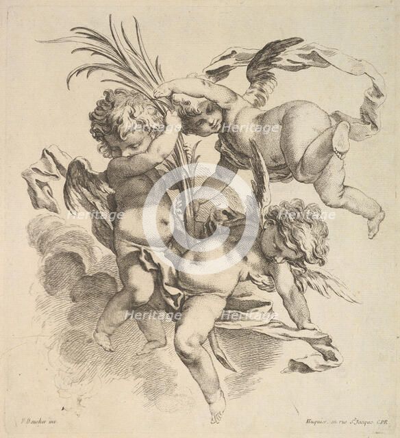 Three Children Among Clouds Near a Palm Leaf, 1738-45. Creator: Gabriel Huquier.