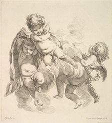 Three Children Among Clouds Carrying a Drapery, 1738-45. Creator: Gabriel Huquier