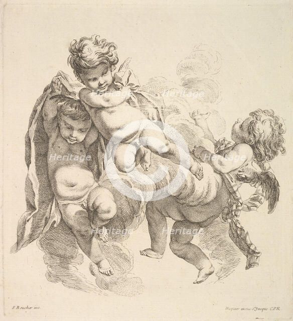 Three Children Among Clouds Carrying a Drapery, 1738-45. Creator: Gabriel Huquier.