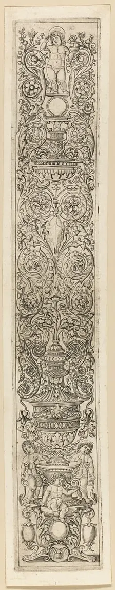 Three Children Blowing Horns, plate eight of Twelve Ornament Panels, c.1505-15. Creator: Giovan Pietro Birago