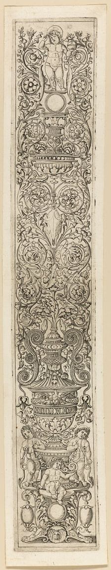 Three Children Blowing Horns, plate eight of Twelve Ornament Panels, c.1505-15. Creator: Giovan Pietro Birago