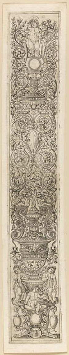 Three Children Blowing Horns, plate eight of Twelve Ornament Panels, c.1505-15. Creator: Giovan Pietro Birago