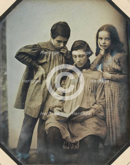 [Three Children, One Seated Holding an Open Book, the Other Two Standing, in Front of ..., ca. 1845. Creator: Unknown.