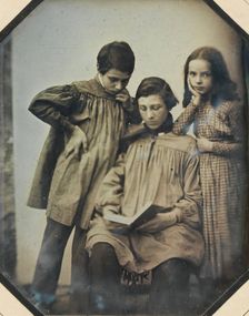 [Three Children, One Seated Holding an Open Book, the Other Two Standing, in Front of ..., ca. 1845. Creator: Unknown