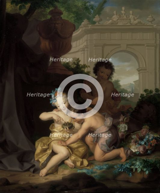 Three children playing with a bird's nest, 1718.  Creator: Isaac Walraven.