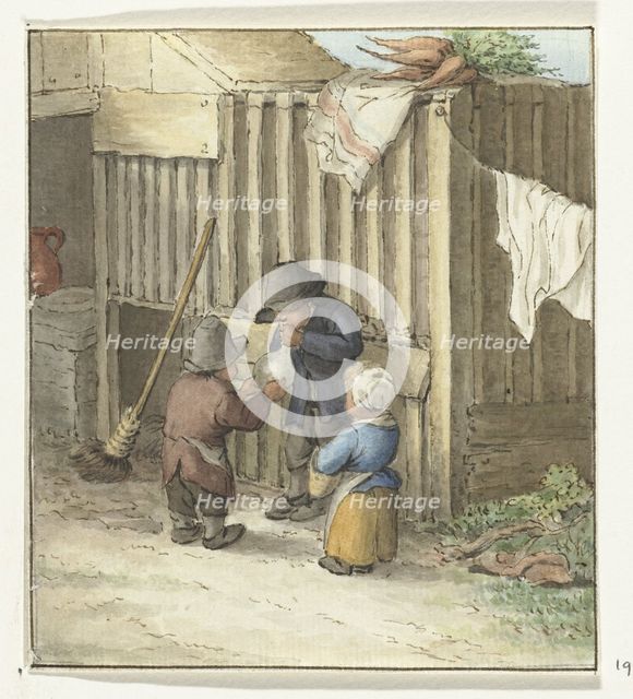 Three children playing with a pig bladder, 1775-1833. Creator: Jean Bernard.