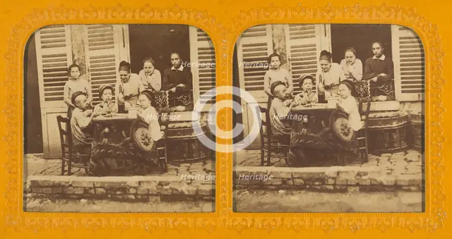Three children playing at being grown-up; women watching, 1855-1860. Creator: Unknown.
