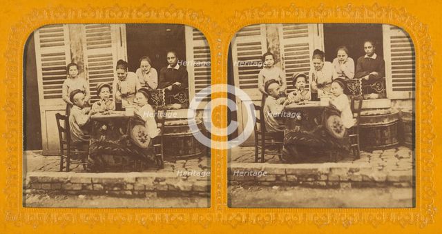 Three children playing at being grown-up; women watching, 1855-1860. Creator: Unknown.