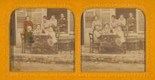 Three children playing at being grown-up; women watching, 1855-1860. Creator: Unknown
