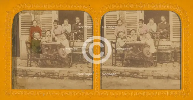 Three children playing at being grown-up; women watching, 1855-1860. Creator: Unknown.