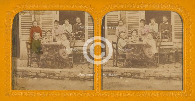Three children playing at being grown-up; women watching, 1855-1860. Creator: Unknown.