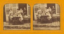 Three children playing at being grown-up; women watching, 1855-1860. Creator: Unknown