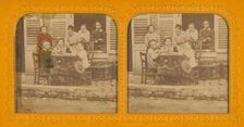 Three children playing at being grown-up; women watching, 1855-1860. Creator: Unknown