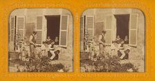 Three children playing leap frog, man behind them, two children observing from an open...1855-1860. Creator: Unknown