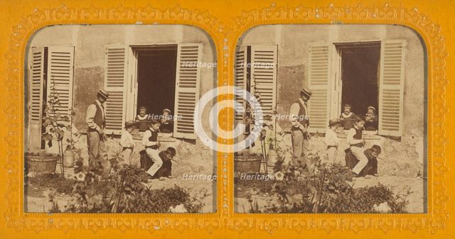 Three children playing leap frog, man behind them, two children observing from an open...1855-1860. Creator: Unknown.