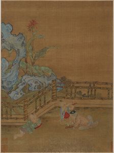 Three children playing on a garden terrace, Ming dynasty, 1368-1644. Creator: Unknown