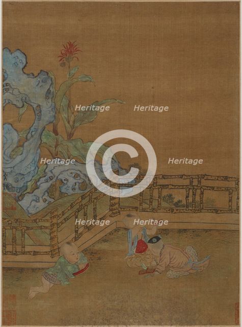 Three children playing on a garden terrace, Ming dynasty, 1368-1644. Creator: Unknown.