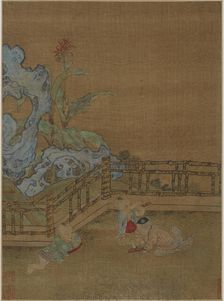 Three children playing on a garden terrace, Ming dynasty, 1368-1644. Creator: Unknown