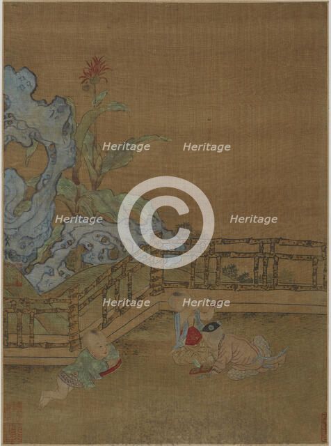 Three children playing on a garden terrace, Ming dynasty, 1368-1644. Creator: Unknown.