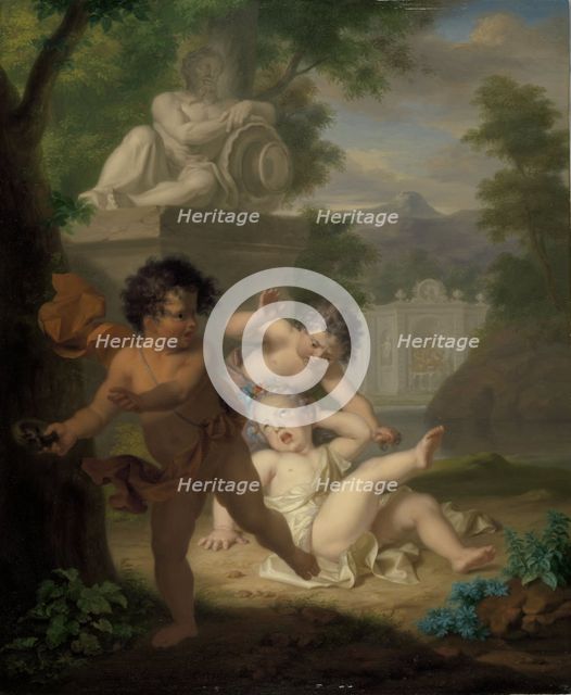 Three children quarreling over a bird's nest, 1720.  Creator: Isaac Walraven.