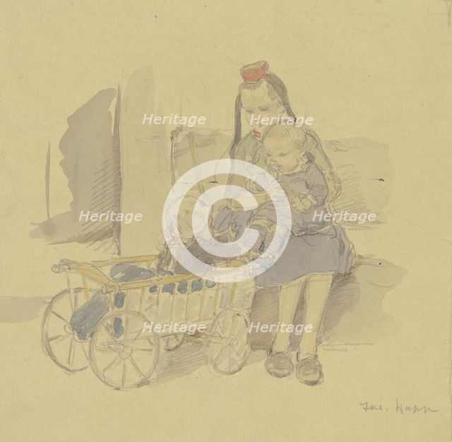 Three children with a cart, late 19th century. Creator: Jacob Happ.