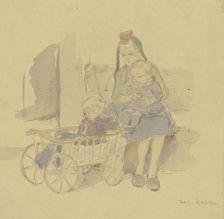 Three children with a cart, late 19th century. Creator: Jacob Happ