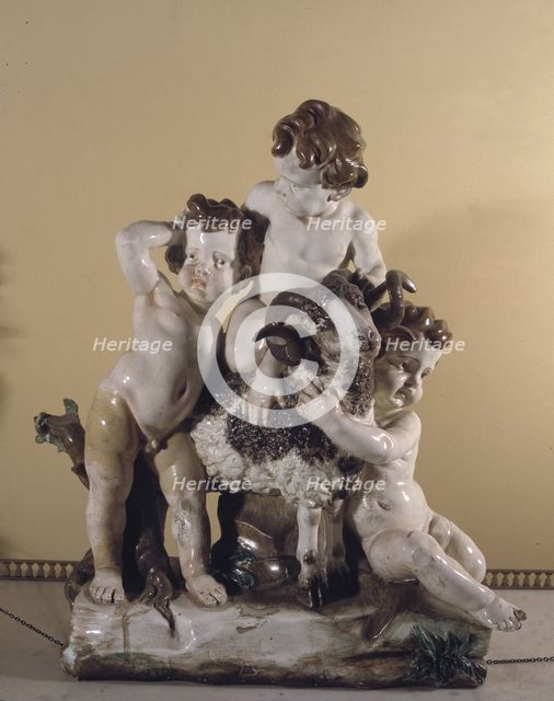 Three children with a goat, porcelain from the Buen Retiro.