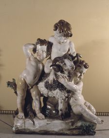 Three children with a goat, porcelain from the Buen Retiro