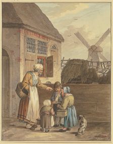 Three children with an old woman in front of a house, c1800-1844. Creator: Johann Friedrich Morgenstern