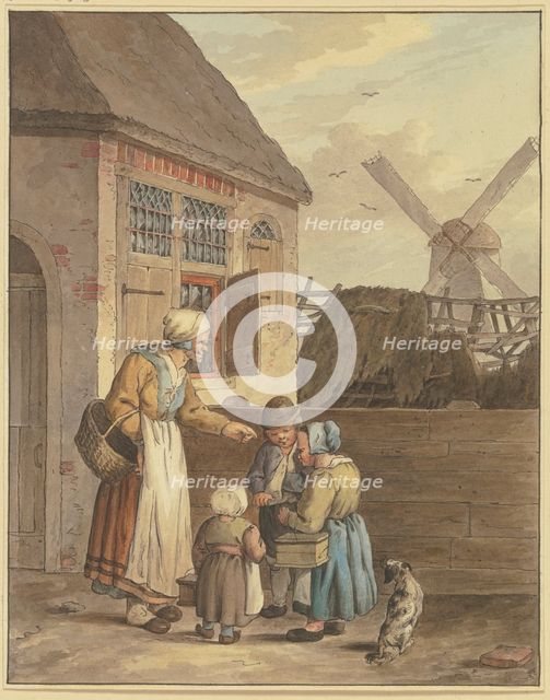 Three children with an old woman in front of a house, c1800-1844. Creator: Johann Friedrich Morgenstern.