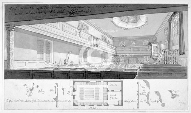 Three Cranes Lane Chapel, Upper Thames Street, City of London, 1818.                                 Artist: Robert Blemmell Schnebbelie