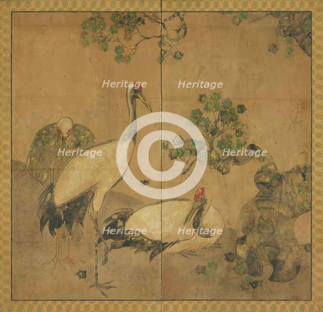Three cranes under a tree, Edo period, 1615-1868. Creator: Unknown.