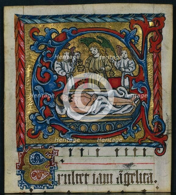 Three Cuttings from a Missal: Initial E with the Angels of the Entombment, c. 1470-1500. Creator: Unknown.