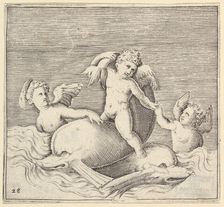 Three Cupids and Two Dolphins, published ca. 1599-1622. Creator: Unknown