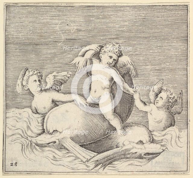 Three Cupids and Two Dolphins, published ca. 1599-1622. Creator: Unknown.