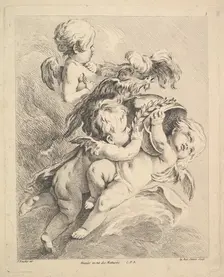 Three Cupids Holding a Helmet. Creator: Louis Felix de la Rue