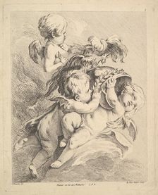 Three Cupids Holding a Helmet. Creator: Louis Felix de la Rue
