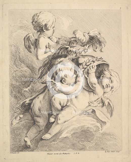Three Cupids Holding a Helmet. Creator: Louis Felix de la Rue.