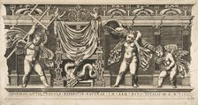 Three cupids in front of a facade with pilasters, one holding a trident and anoth..., ca. 1515-1600. Creator: Unknown