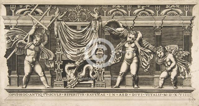 Three cupids in front of a facade with pilasters, one holding a trident and anoth..., ca. 1515-1600. Creator: Unknown.