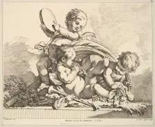 Three Cupids, Two Playing Music, One Holding Palm Leaves. Creator: Louis Felix de la Rue