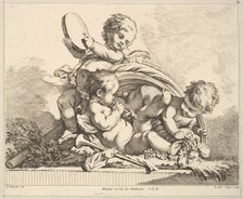 Three Cupids, Two Playing Music, One Holding Palm Leaves. Creator: Louis Felix de la Rue