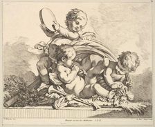 Three Cupids, Two Playing Music, One Holding Palm Leaves. Creator: Louis Felix de la Rue