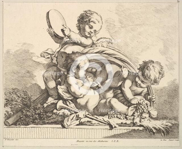 Three Cupids, Two Playing Music, One Holding Palm Leaves. Creator: Louis Felix de la Rue.