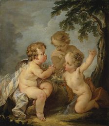 Three amorins playing with a bird's nest, 1747. Creator: Guillaume-Thomas Taraval