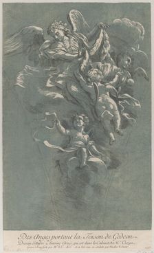 Three angels carrying Gideon's fleece; from Recueil d'estampes d'après les plus be..., ca. 1729-64. Creators: Caylus, Anne-Claude-Philippe de, Nicolas Le Sueur