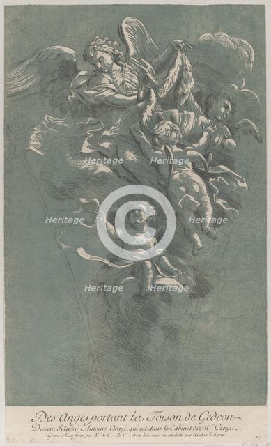 Three angels carrying Gideon's fleece; from 'Recueil d'estampes d'après les plus be..., ca. 1729-64. Creators: Caylus, Anne-Claude-Philippe de, Nicolas Le Sueur.