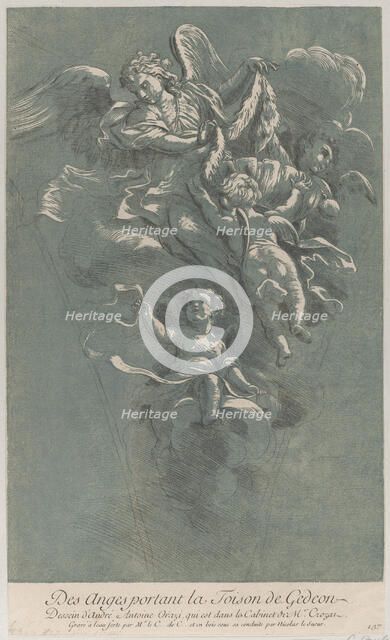 Three angels carrying Gideon's fleece; from 'Recueil d'estampes d'après les plus be..., ca. 1729-64. Creators: Caylus, Anne-Claude-Philippe de, Nicolas Le Sueur.